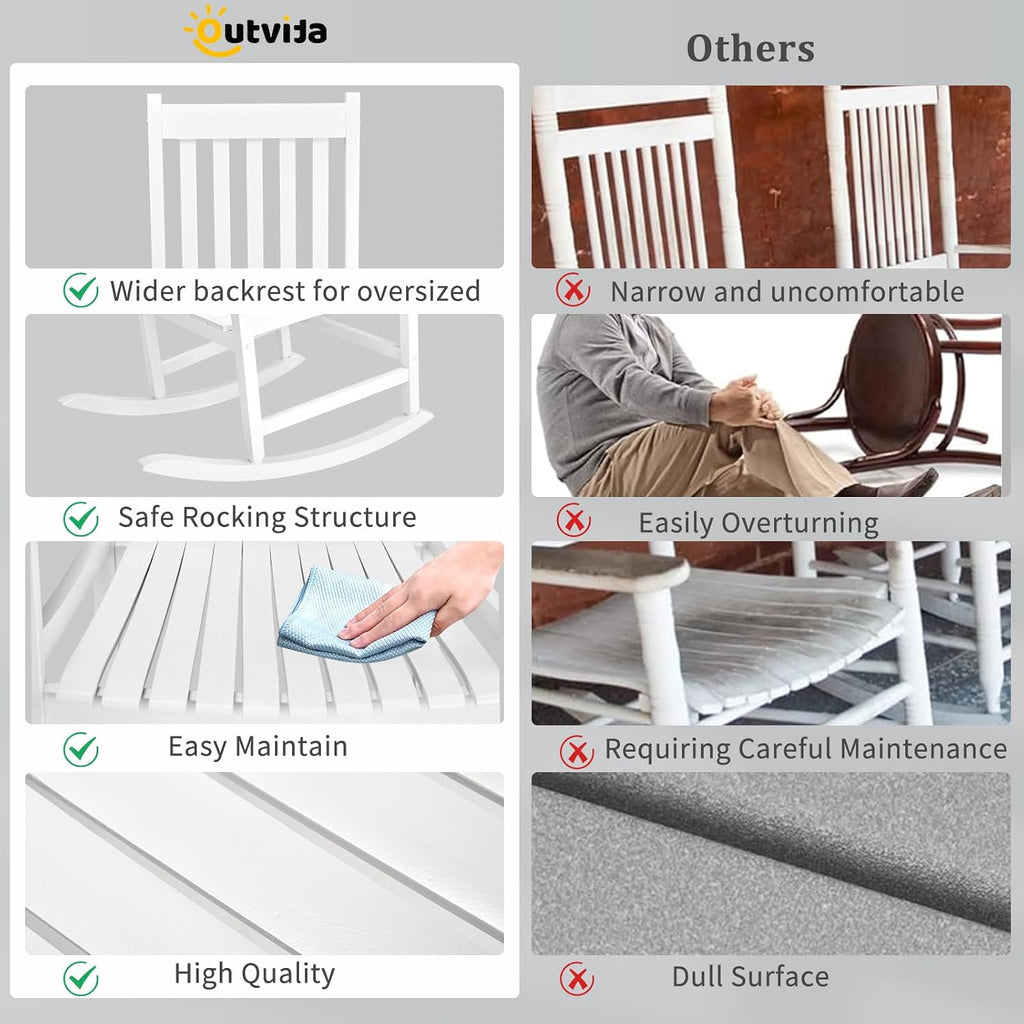 Outdoor Rocking Chair, Solid Wood High Back Porch Rocker, White | All-Weather Lounge Design Supports Patio, Fire Pit
