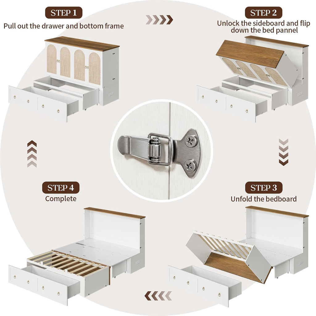 Queen Murphy Bed with Charging Station - Rattan Queen Bed Frame with Storage Drawers, Wood Cabinet Beds for Guest