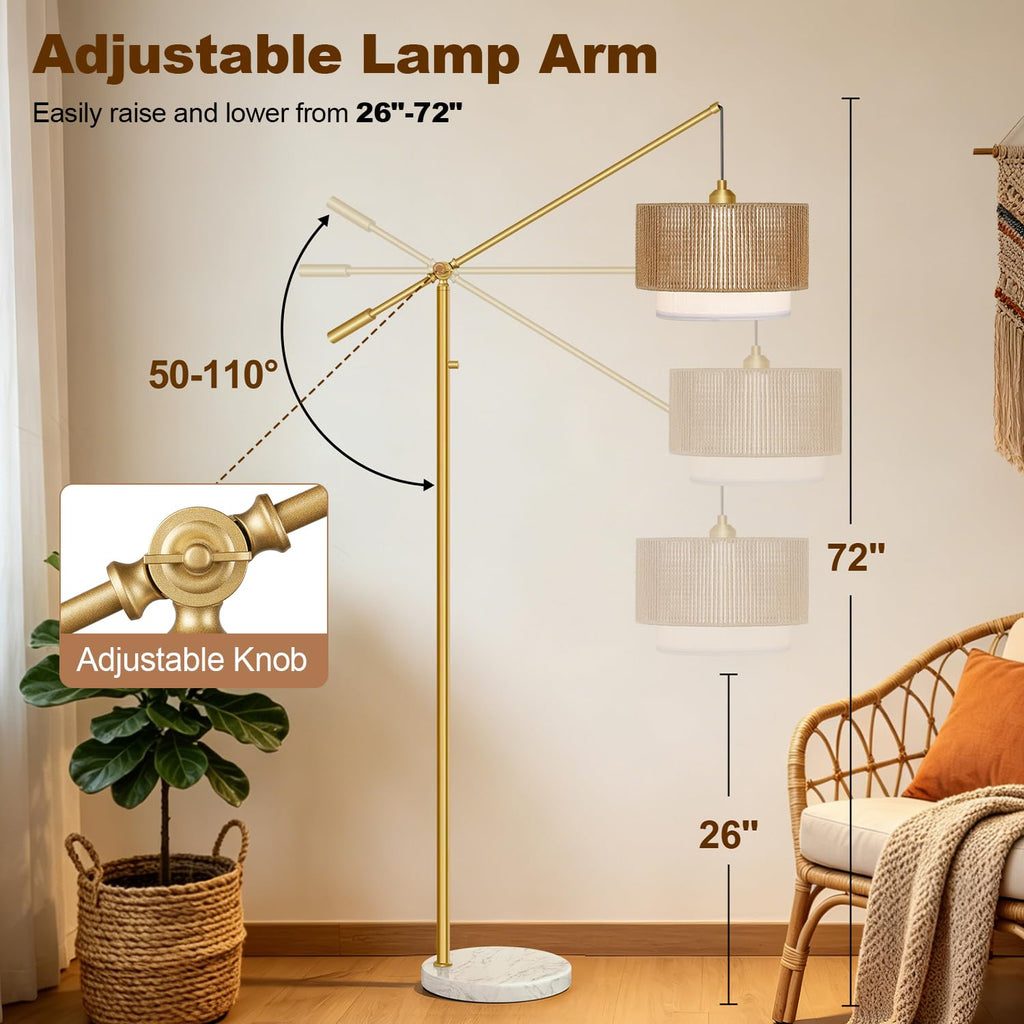 Boho Dimmable Arc Floor Lamp with Adjustable Swing Arm, Gold & Marble Base
