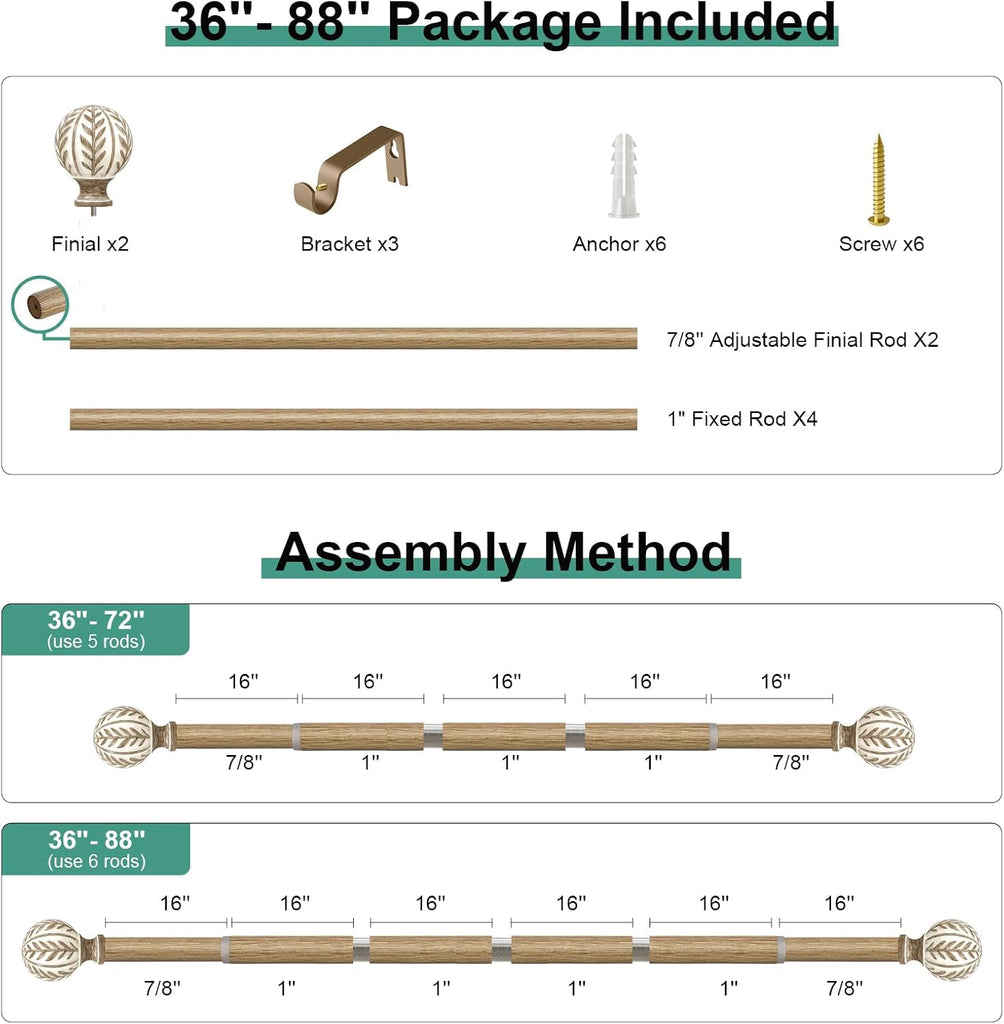 Boho Wood Curtain Rods for Windows 48 to 84 inch,1" Adjustable Heavy Duty Window Curtain Rod with Imitation Wood