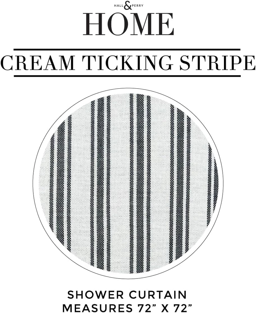 Modern Transitional Stripe Shower Curtain with Tassels - Vertical Off White/Cream with Black Striped Lines, 72" x 72"