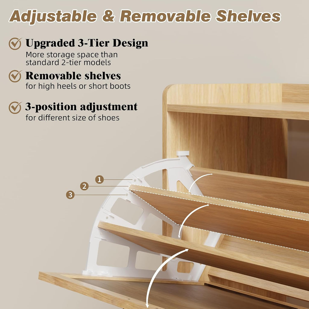 Shoe Storage Cabinet , 2 Flip Drawers with 3-Tier Rack Each, 6-Layer Total Storage, Narrow Shoe Cabinet with Linen