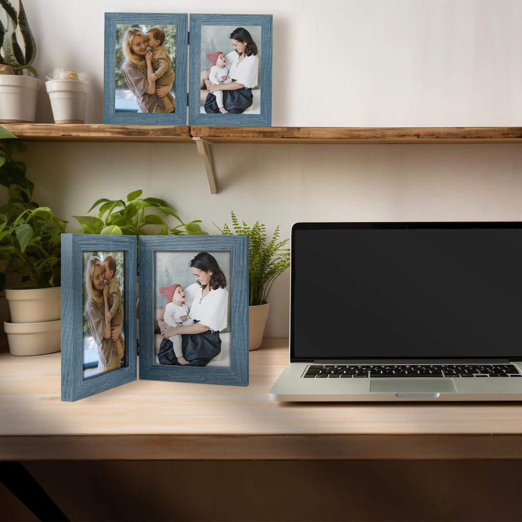 5x7 Double Picture Frame, Hinged 2-Photo Frame, Blue1 Pack