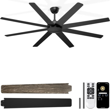 72'' Large Ceiling Fans No Lights, Modern Black Ceiling Fan Remote/APP Control