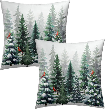 Winter Watercolor Snowflake Throw Pillow Covers 18X18 Inches Green Pine Tree Forest Red Bird Pillowcase Soft - Set of 2