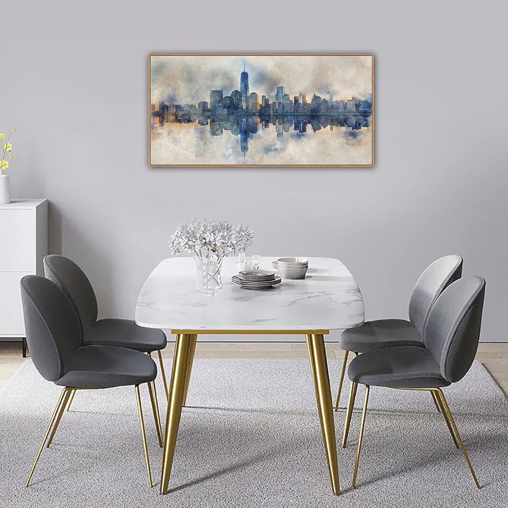 NYC Framed Canvas Wall Art Abstract Painting Wall Decor Indigo Blue Gray Panoramic Art Print New York Skyline