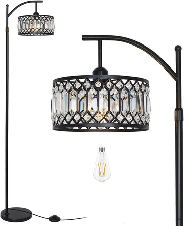 Crystal Floor Lamps, Modern Arc Floor Lamp, Black Standing Lamp with Edison Bulb, Height Adjustable Tall Lamp