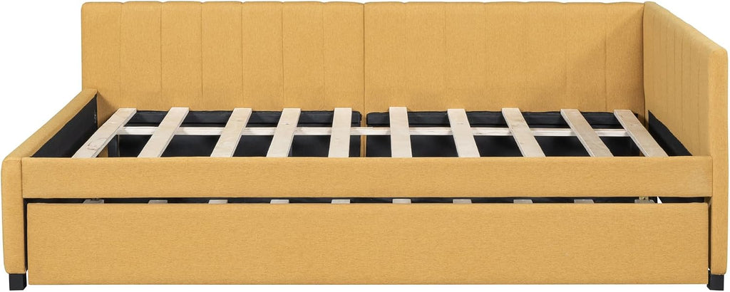 Full Size Upholstered Daybed with Trundle, Yellow Linen Sofa Bed Frame Guest Room, No Box Spring Needed