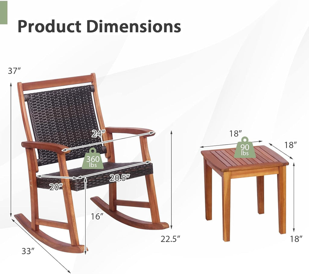 3 Pieces Rocking Bistro Set Acacia Wood Patio Rocking Chairs with Coffee Table, Rattan Wicker Rocking Conversation