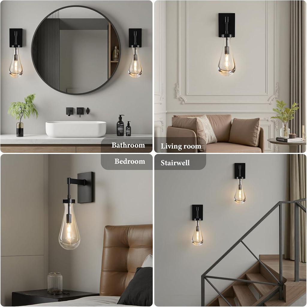 Raindrop Brass Crystal Wall Sconce: Set of 2 Clear Solid Indoor Sconces with Bulbs - Dimmable Vanity Lamp - Luxury