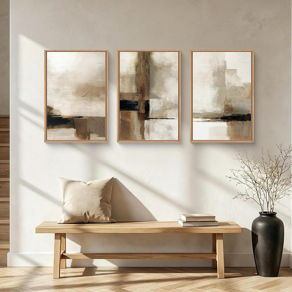 Abstract Neutral Vintage Earth Tone Framed Canvas Wall Art Set,Modern Minimalist Rustic Brown Beige Wall Decor,Wabi