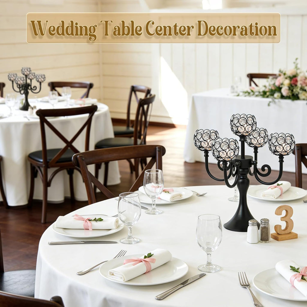 5 Arm Metal Crystal Candelabra Centerpiece - 13.4 Inch Elegant Candle Holder with Crystal Beadsable Decoration (2