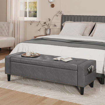 60" Storage Ottoman Bench, Faux Leather Upholstered Bed Bench, Grey