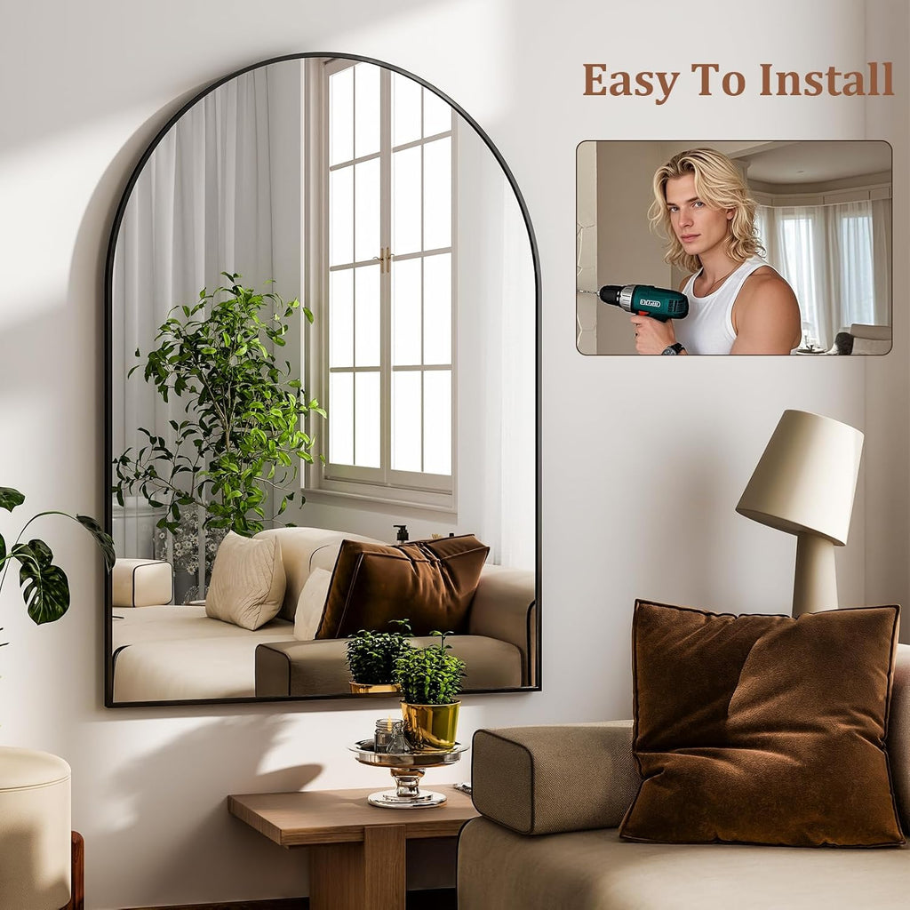 Arched Wall Mirror 24"x36" - Black Metal Frame Vanity Mirrors Decor