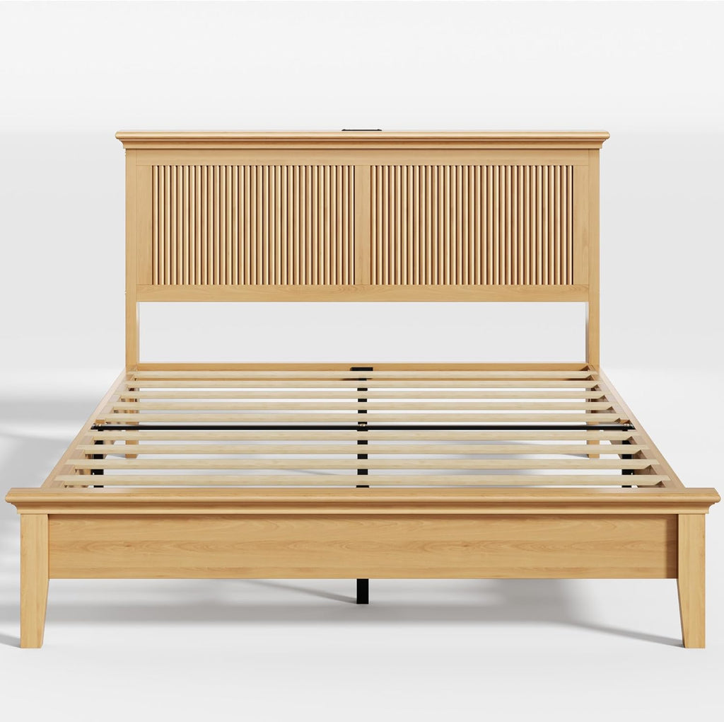 Wood Queen Bed, Solid Wood Bed with Tall Headboard, American Vintage Design, Queen Bed with Charging Station & RGB