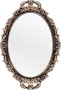 Vintage Decorative Gold Framed Mirror, Wall Hanging Mirrors & Tabletop Tray Living Room Dresser Decor, Oval- 9.6" W x