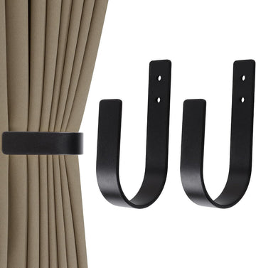2 Pack Modern Curtain Holdbacks - Solid Aluminum U Shaped Wall Mount Curtain Hooks - Tiebacks for Curtains (2, Black)