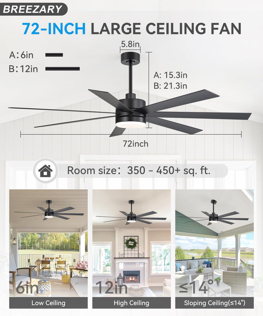 72 inch Large Ceiling Fans with Lights and Remote, 6-Speed Reversible DC Motor, 3 CCT, Dual Finish 7 Blades