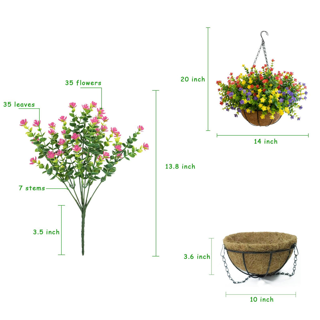 Artificial Hanging Plants Flowers with Basket for Spring Summer Outdoor Decoration, Yellow Purple Pink Red