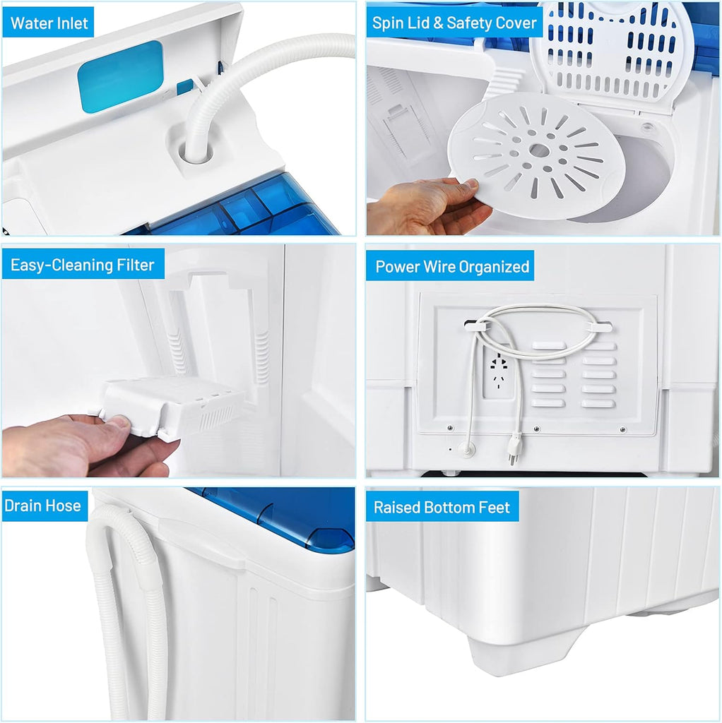 Washing Machine Semi-automatic, Twin Tub Washer with Spin Dryer, 26lbs Capacity, Built-in Drain Pump, Portable Laundry