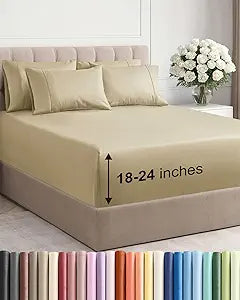 Extra Deep Cal King Sheet Set - 6 Piece Breathable & Cooling Sheets - Beige