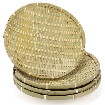4 Packs Bamboo Basket Tray, 12 In Round Hand Weave Bread Baskets for Serving, Woven Fruit Basket, Rattan Serving