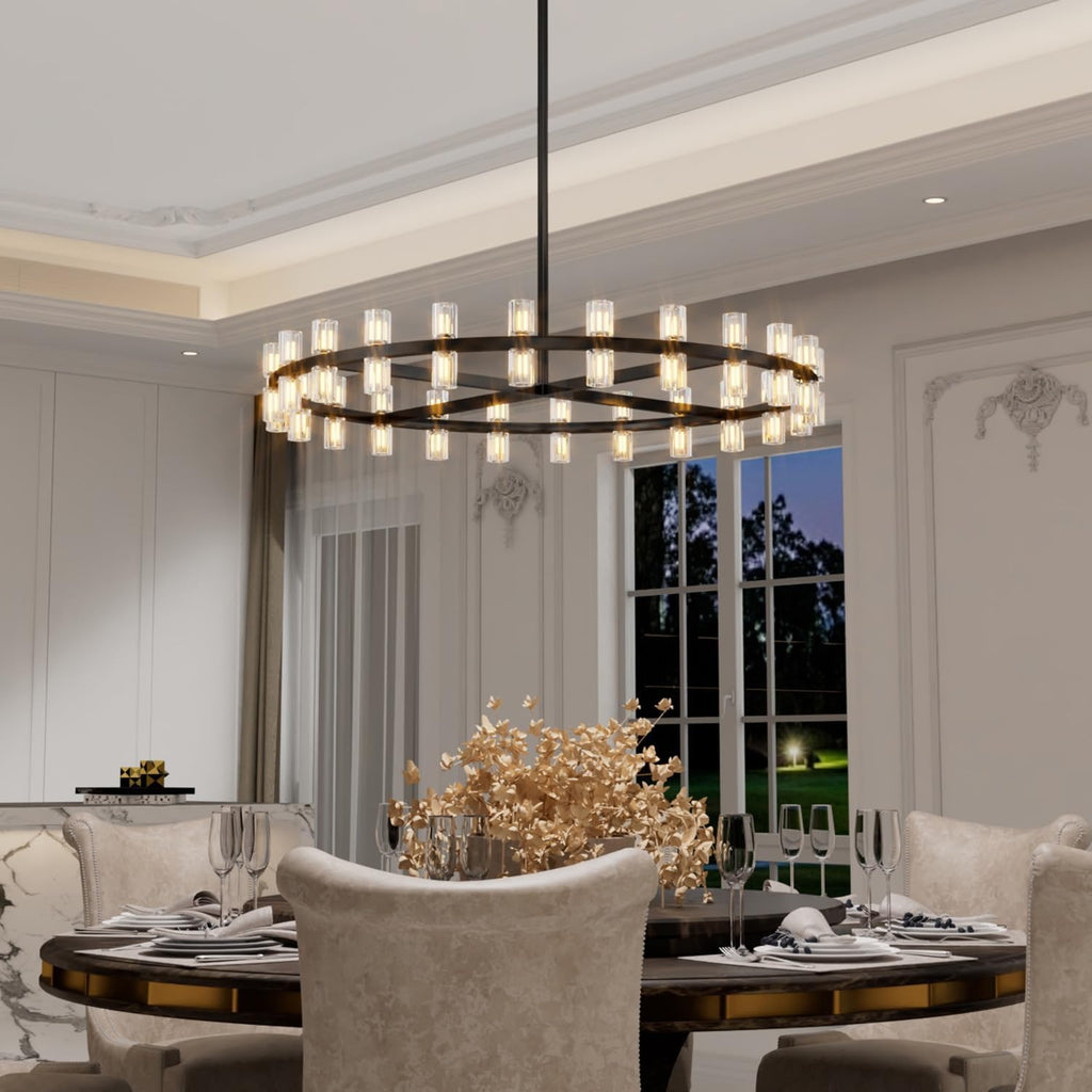 Inspired Arcachon Style Round Wagon Wheel Chandelier, 40" 40-Light Black, Crystal Shades — Foyer, Dining & Living Room
