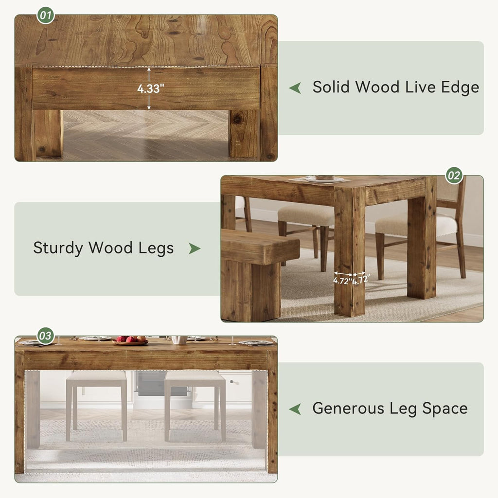 Solid Wood Dining Table for 6, 63-Inch Farmhouse Kitchen Table with Heavy Duty Legs, Rectangular Wood Dinner Table
