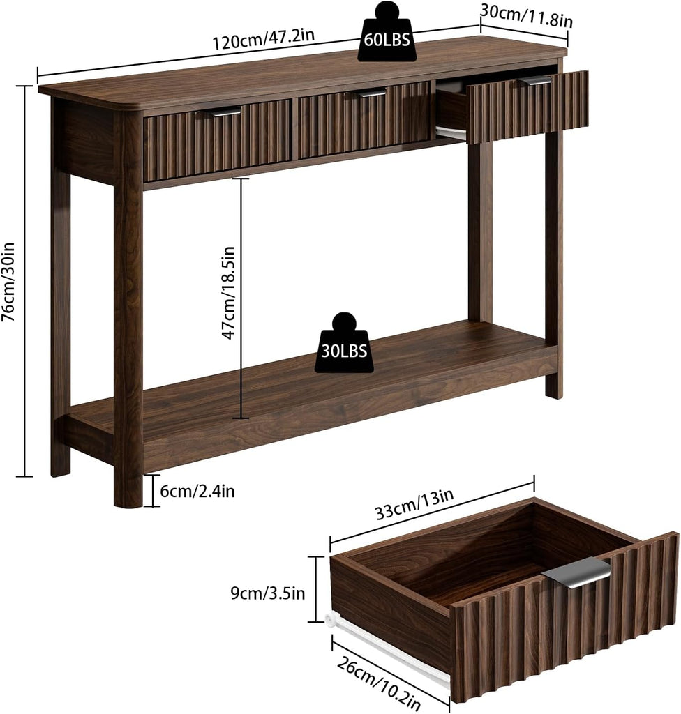 Fluted Wood Console Table with 3 Drawers, Boho Narrow Behind Couch Entryway Table with Open Storage Shelf, Modern