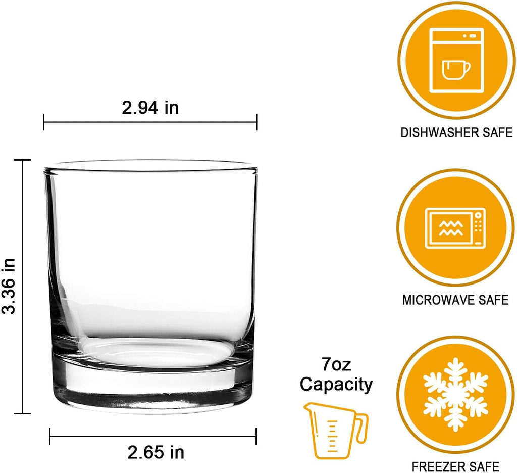 Clear Drinking Glasses - 7oz Old Fashioned Cocktail Glass, Heavy Base Rocks Glass for Bourbon, Juice, Beverages &