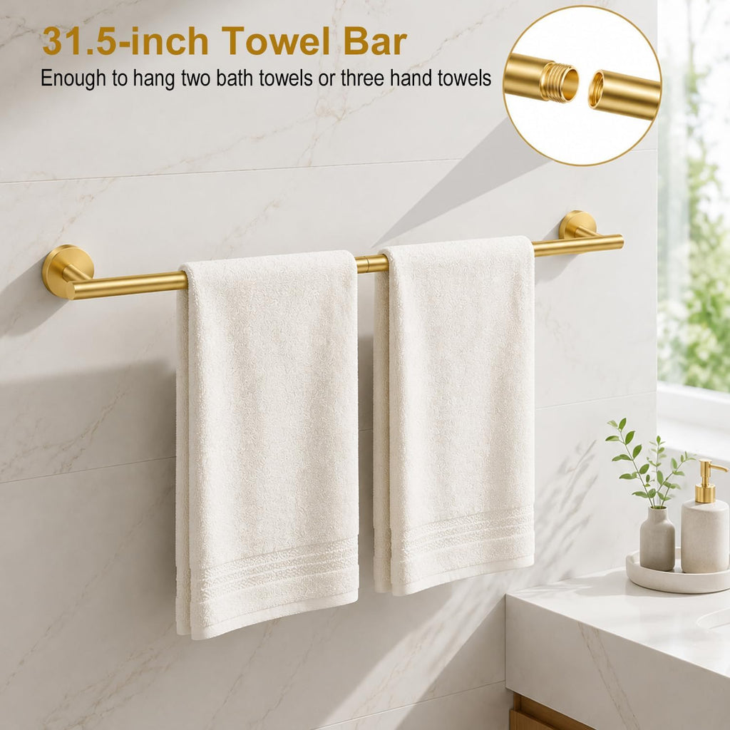 Brushed Gold Bathroom Accessories Set, 7 Pieces Gold Towel Bar Bathroom Hardware Set, 31.5 Inch Towel Racks , SUS304