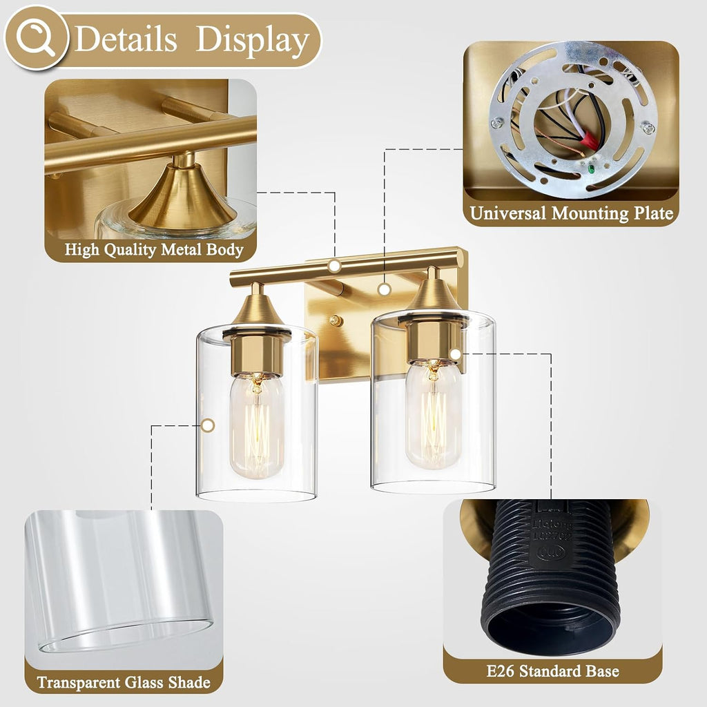 Gold Vanity Lights ,2-Light Bathroom Light Fixtures,Brushed Brass Gold Wall Sconce Lighting,Modern Wall Lamp for