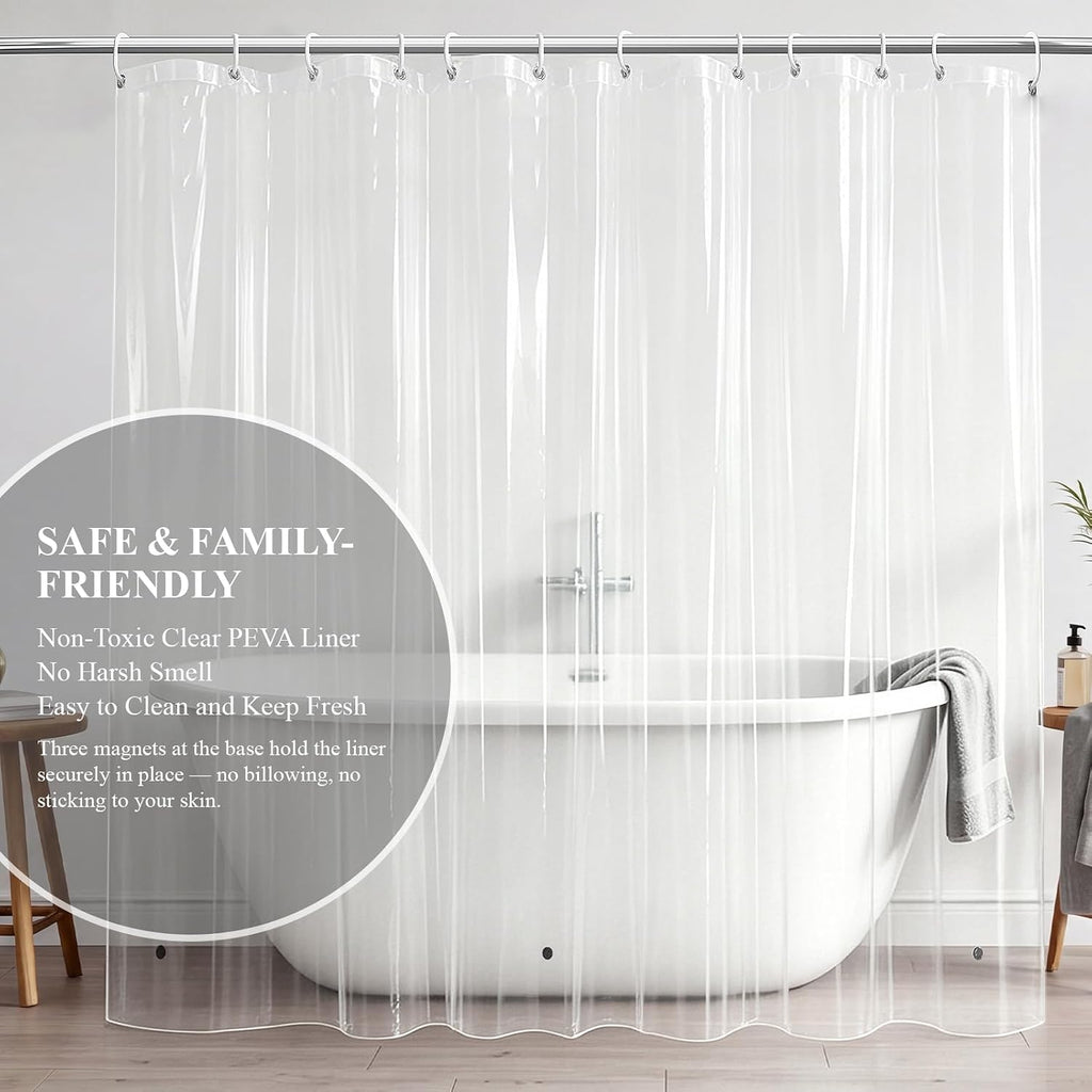 3 in 1 Waffle Shower Curtain Set with PEVA Liner 72Wx72H Black | 256GSM Heavy Duty Fabric, Waterproof Clear Liner
