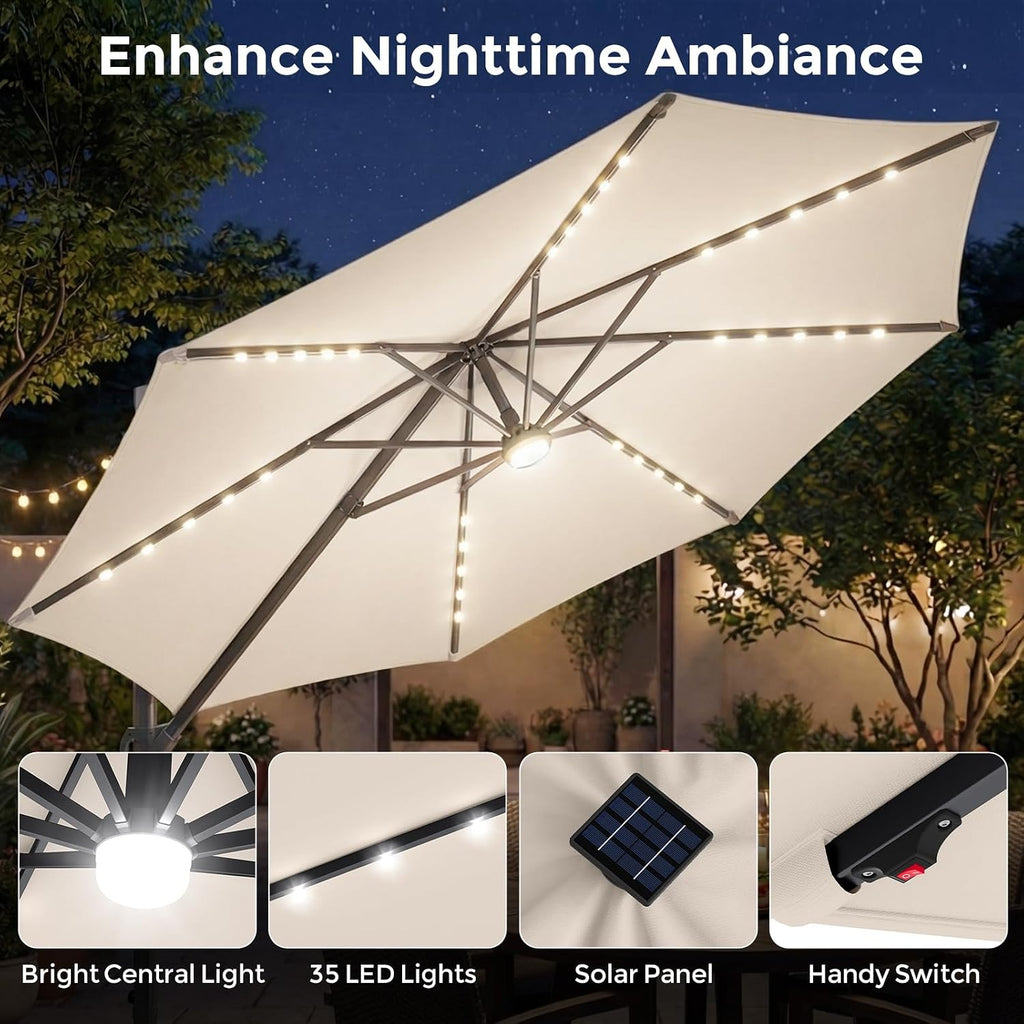 10ft Patio Umbrella with Solar Lights, Offset Cantilever Square Outdoor Umbrella with 35 LED Lights, Aluminum Pole