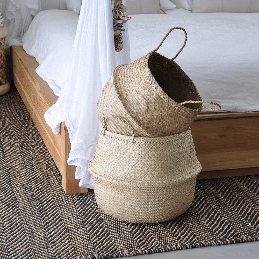 Large Seagrass Belly Basket | Handwoven Storage Basket with Handles for Laundry, Picnic, Pot Cover, Decor | Vintage
