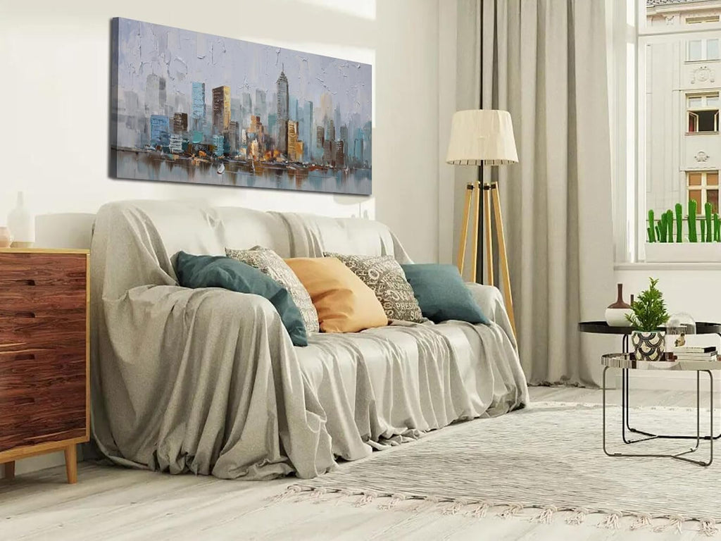 Abstract Cityscape Canvas Wall Art New York City Painting Modern Skyline Colorful NYC Grey Blue Picture