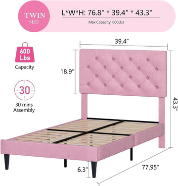 Kids Twin Upholstered Platform Bed with Tufted Headboard, Pink | No Box Spring Needed and Easy to Assemble for Kids'