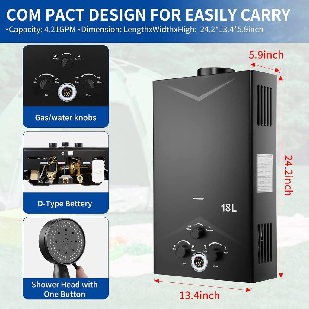Tankless Water Heater 4.74GPM 18L Outdoor Portable GasHot Water Heater Instant Propane Water Heater with Digital