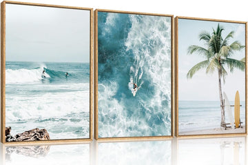 Summer Surfing Beach Framed Canvas Wall Art,Large Coastal Palm Tree Wall Decor,Blue Sea Wave Seascape Artwork Set of