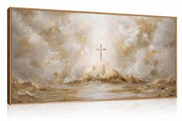 Abstract Christian Jesus Cross Canvas Wall Art Set, Gold Texture Religious Mountain Framed Print, Bible Verse