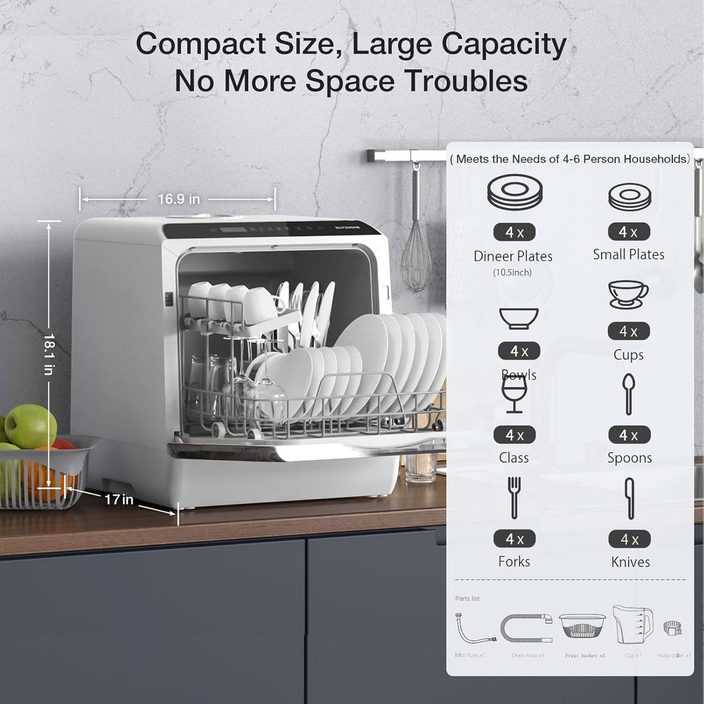 Portable Dishwasher Countertop, WIFI Smart Dishwasher, Compact Dishwashers with 5L Built-in Water Tank, 6 Programs