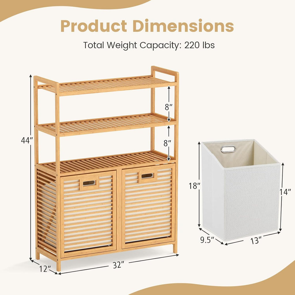 Double Tilt Out Laundry Hamper with 3-Tier Storage Shelf | 14 Gal Bamboo Laundry Storage Cabinet w/Removable Laundry