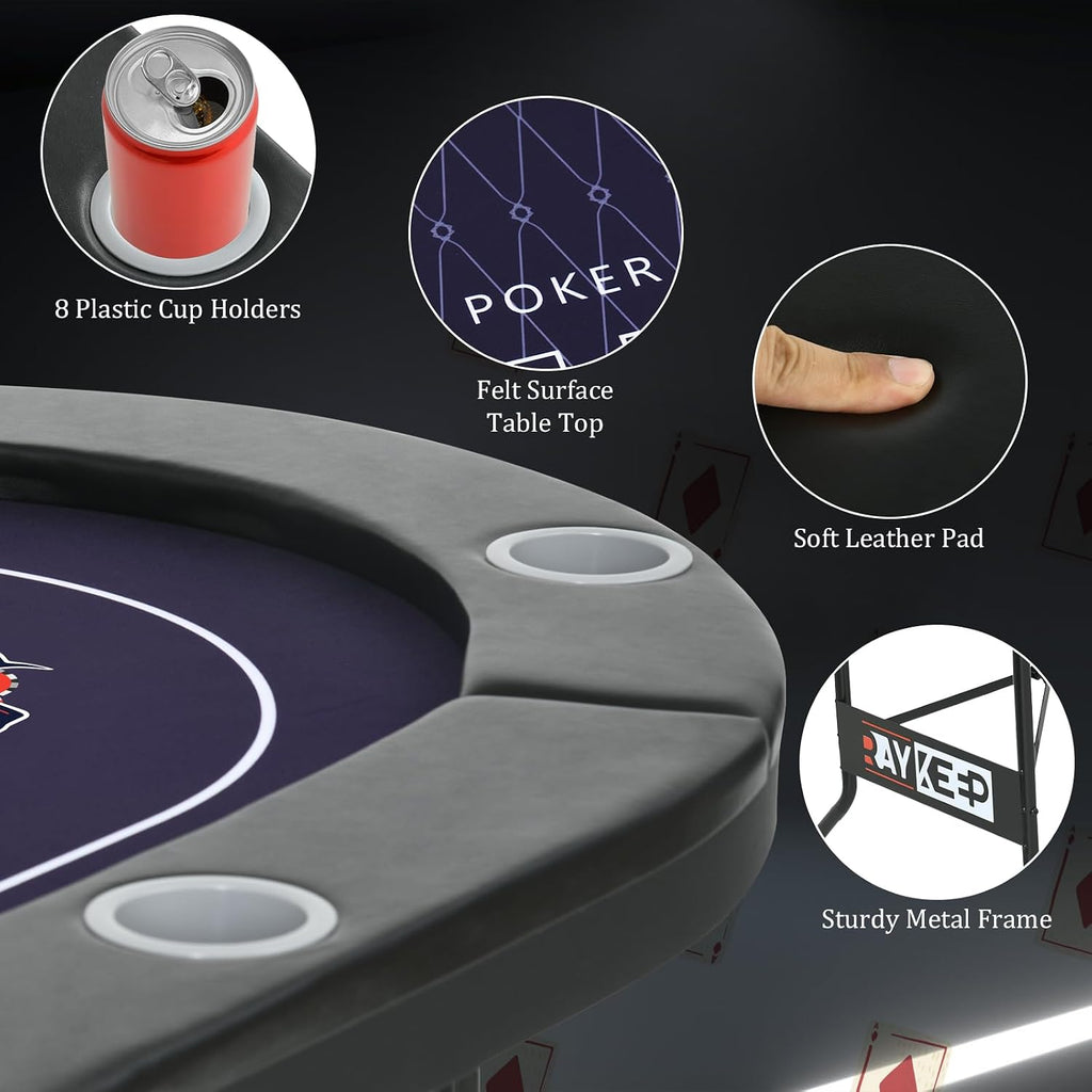 71 Inch Poker Table Foldable, 8 Player Folding Poker Tables w/Collapsible Legs, Casino Grade Felt, Padded Rails and Cup Holders, Portable Poker Table for Texas Holdem Poker and Blackjack