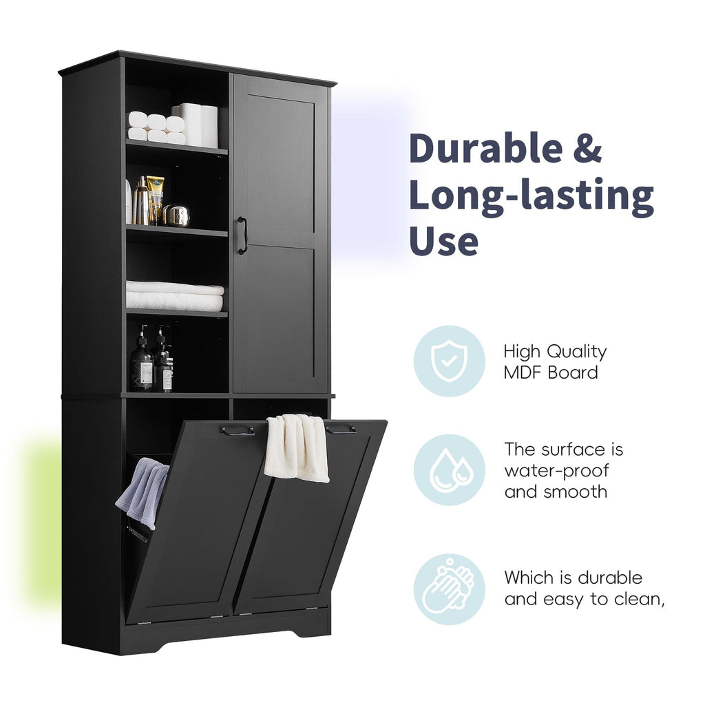 Tall Storage Cabinet with Door and Open Shelf, Multi-Functional Laundry Hamper Basket Bathroom, Laundry Room, Black