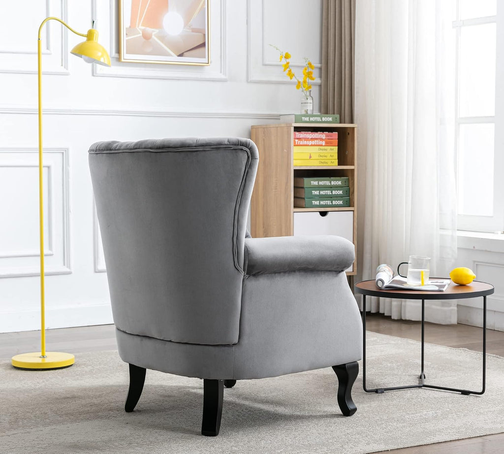Mid Century Modern Accent Chair Upholstered Armchair Comfy Velvet Fabric Single Sofa with Lined Wingback for Small