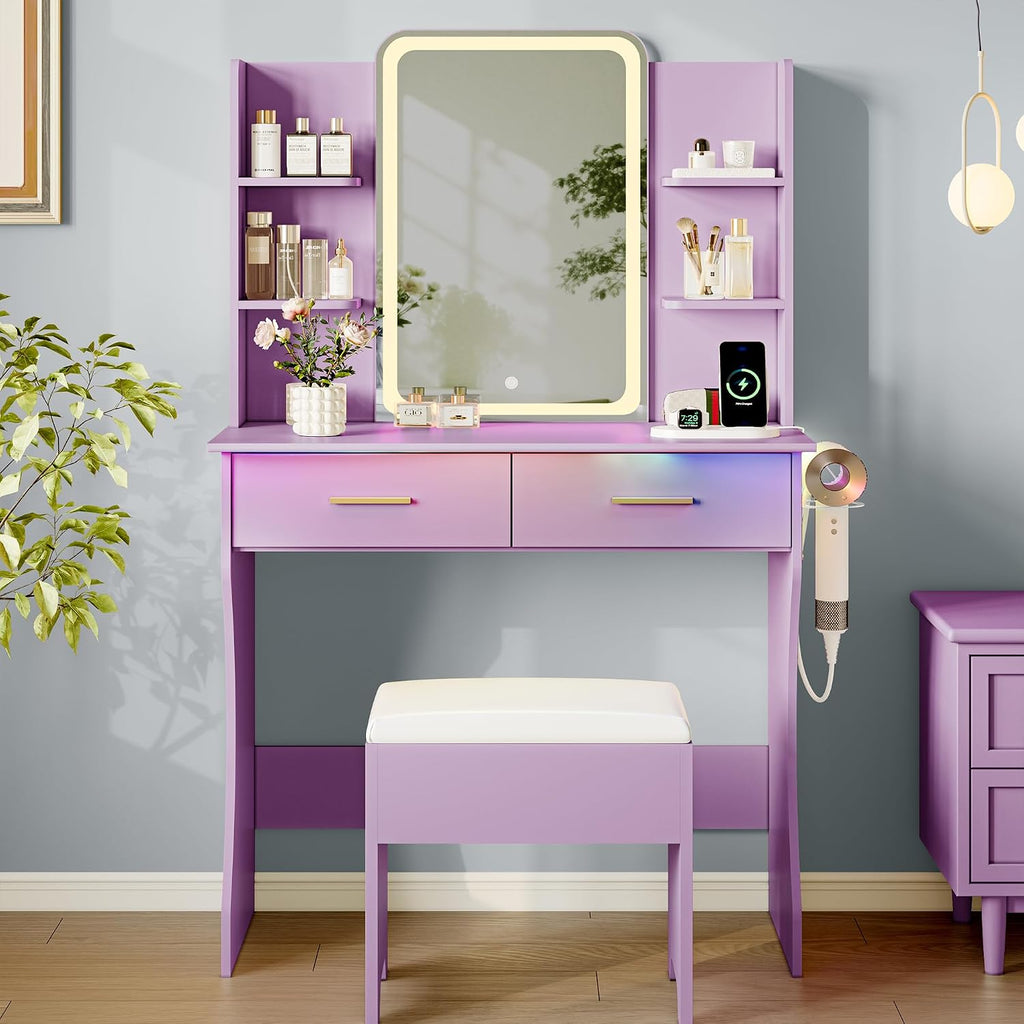 Makeup Vanity Desk with LED Lights and Mirror, Vanity Table Set with Charging Station&Cushioned Stool, 3 Lighting