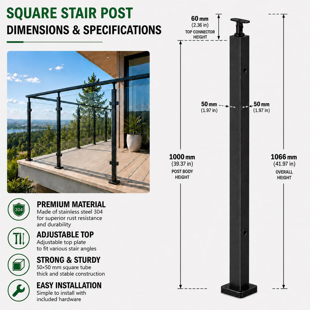 42-Inch Glass Railing Middle Post, 50mm, Black
