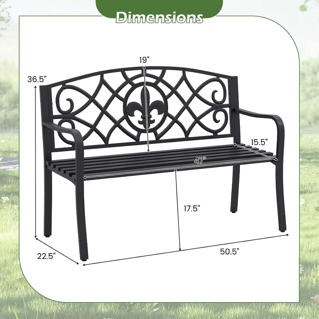 50.5" Outdoor Bench with Metal Frame, Floral Design Cast Iron Backrest, Slatted Seat, Adjustable Foot Pads, Load
