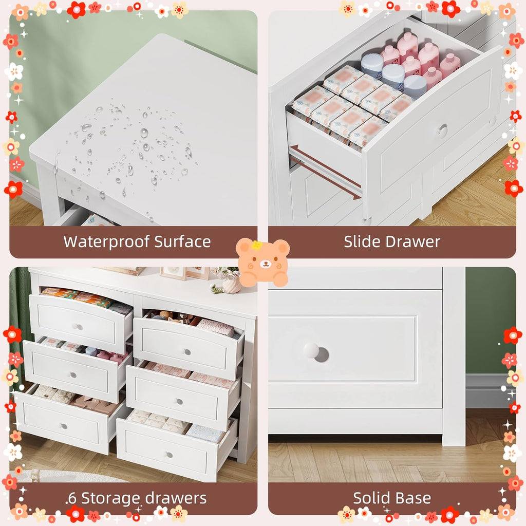 Kids Dresser Cabinet with 6 Drawers and Large Table Top, Multi-Functional Chest of Drawers, Baby Dresser, Kids