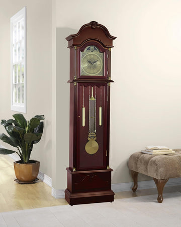 Grandfather Floor Clock, Cherry Finish, Pendulum with Gold Accents, Moon Phase Dial, 72 Inch Tall